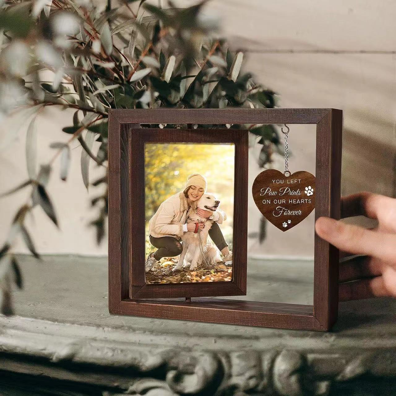 Pet Memorial Rotating Picture Frame, 8*9 in, Natural Wood